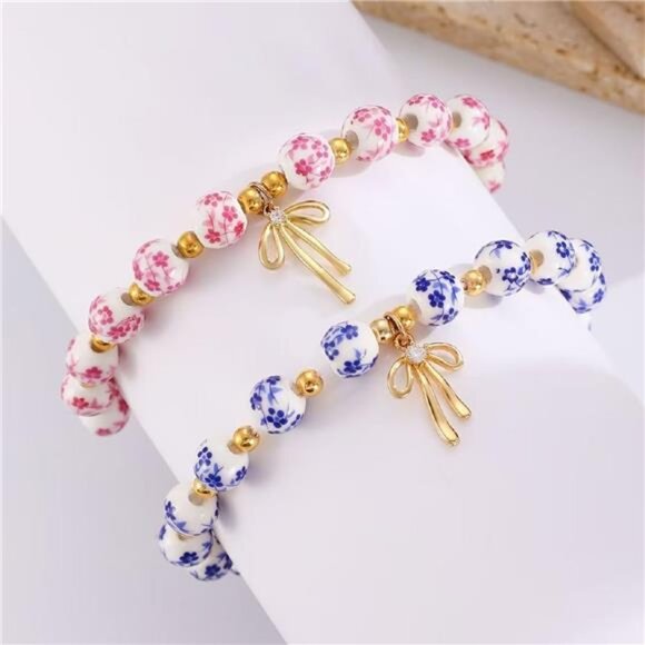 🌸 Set of 2 Floral Ceramic Bead Bracelets | Pink & Blue | Gold Bow Charm Accents - Picture 3 of 6